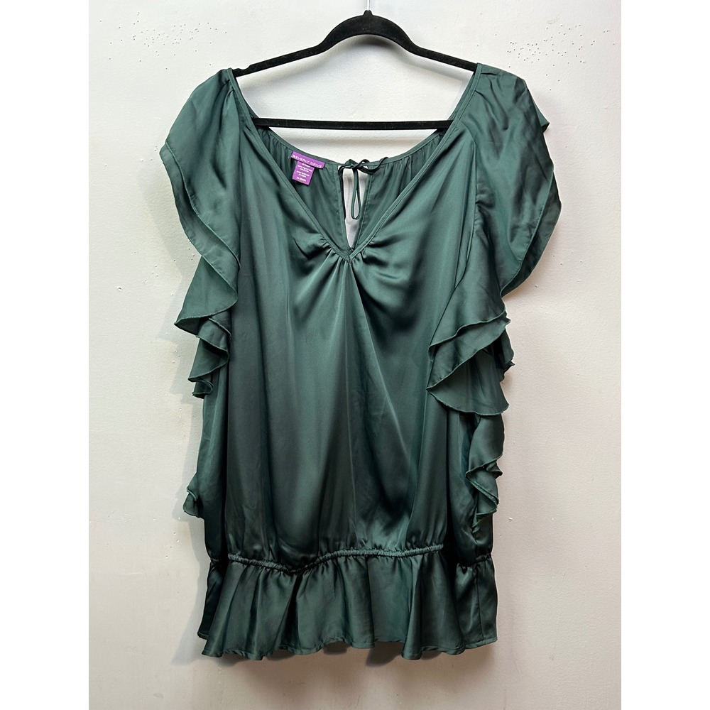 Beverly Drive Top Green Satin Flutter Sleeve Peplum Blouse Womens 24-26W